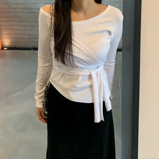 Soft Feminine Asymmetrical Off-Shoulder Long-Sleeve T-Shirt