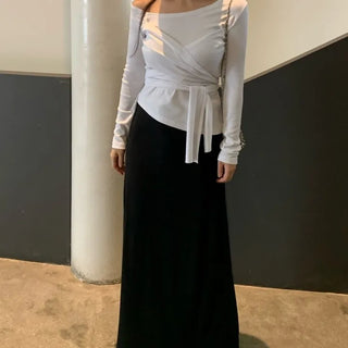 Soft Feminine Asymmetrical Off-Shoulder Long-Sleeve T-Shirt