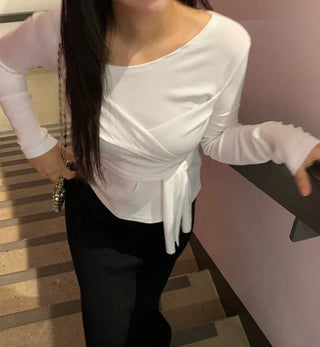 Soft Feminine Asymmetrical Off-Shoulder Long-Sleeve T-Shirt