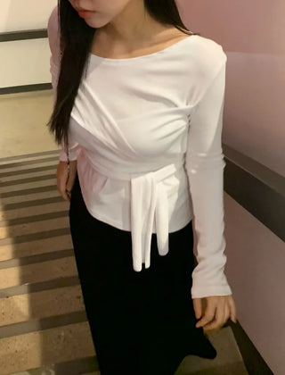 Soft Feminine Asymmetrical Off-Shoulder Long-Sleeve T-Shirt