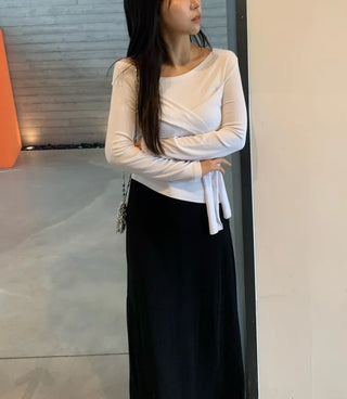 Soft Feminine Asymmetrical Off-Shoulder Long-Sleeve T-Shirt