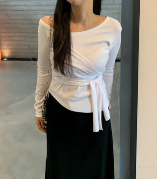 Soft Feminine Asymmetrical Off-Shoulder Long-Sleeve T-Shirt