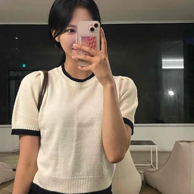 Natural Round Neck Contrast Shirred Knit