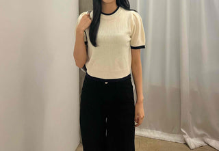 Natural Round Neck Contrast Shirred Knit