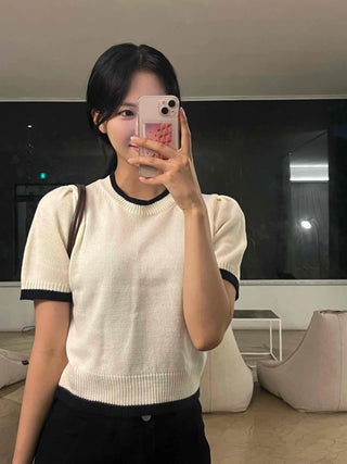 Natural Round Neck Contrast Shirred Knit
