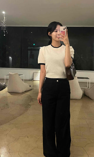Natural Round Neck Contrast Shirred Knit