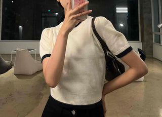 Natural Round Neck Contrast Shirred Knit
