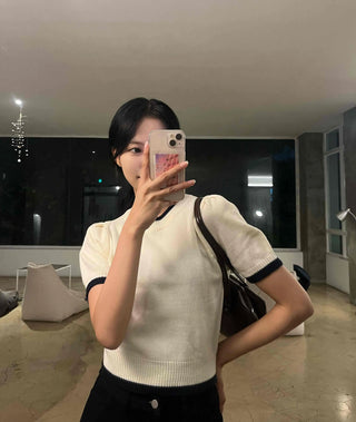 Natural Round Neck Contrast Shirred Knit