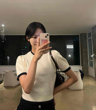 Natural Round Neck Contrast Shirred Knit