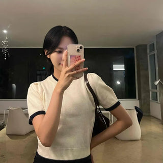Natural Round Neck Contrast Shirred Knit