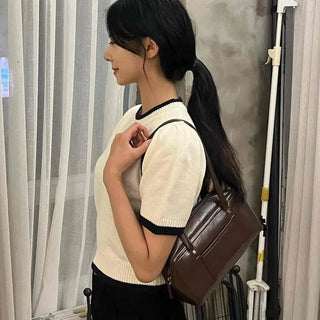 Natural Round Neck Contrast Shirred Knit