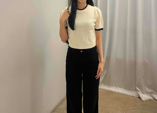 Natural Round Neck Contrast Shirred Knit
