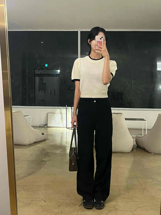 Natural Round Neck Contrast Shirred Knit