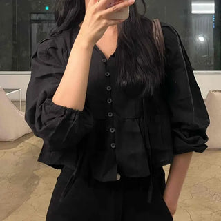 Frill Puff V-Neck Blouse