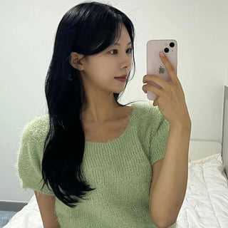 Street Pine Needle Feather Fur Short Sleeve Knit