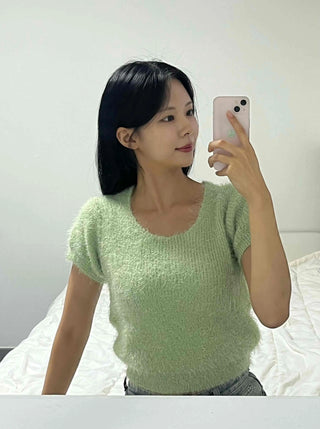 Street Pine Needle Feather Fur Short Sleeve Knit