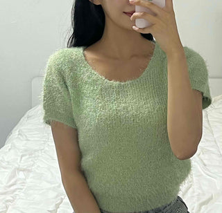 Street Pine Needle Feather Fur Short Sleeve Knit
