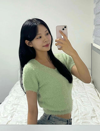 Street Pine Needle Feather Fur Short Sleeve Knit