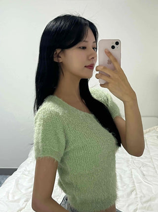 Street Pine Needle Feather Fur Short Sleeve Knit