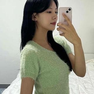 Street Pine Needle Feather Fur Short Sleeve Knit