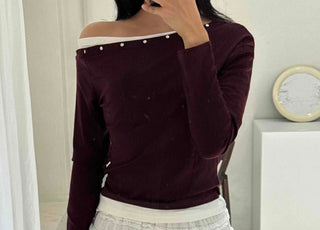 New Basic Studded Off-Shoulder T-shirt