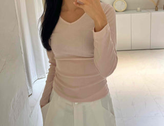 Side-Shirred V-Neck Long-Sleeve T-Shirt