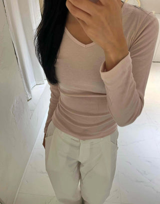 Side-Shirred V-Neck Long-Sleeve T-Shirt