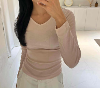 Side-Shirred V-Neck Long-Sleeve T-Shirt