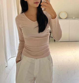 Side-Shirred V-Neck Long-Sleeve T-Shirt