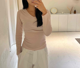 Side-Shirred V-Neck Long-Sleeve T-Shirt