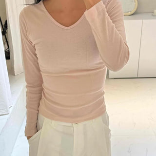 Side-Shirred V-Neck Long-Sleeve T-Shirt