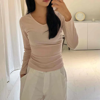 Side-Shirred V-Neck Long-Sleeve T-Shirt