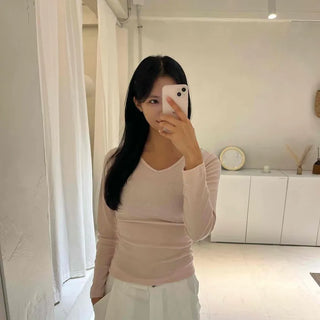 Side-Shirred V-Neck Long-Sleeve T-Shirt