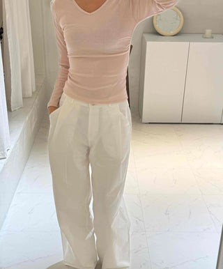 Side-Shirred V-Neck Long-Sleeve T-Shirt