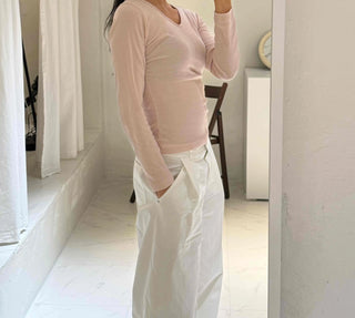 Side-Shirred V-Neck Long-Sleeve T-Shirt