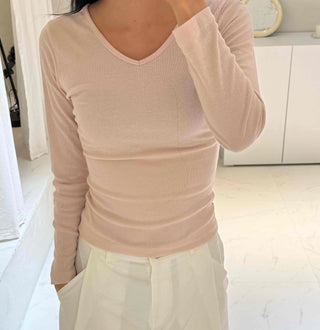 Side-Shirred V-Neck Long-Sleeve T-Shirt
