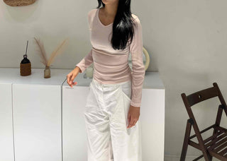 Side-Shirred V-Neck Long-Sleeve T-Shirt