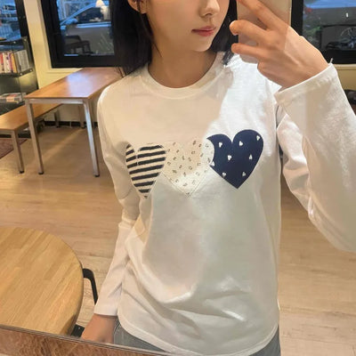 Striped Heart Patch Long Sleeve T-shirt