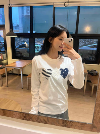 Striped Heart Patch Long Sleeve T-shirt