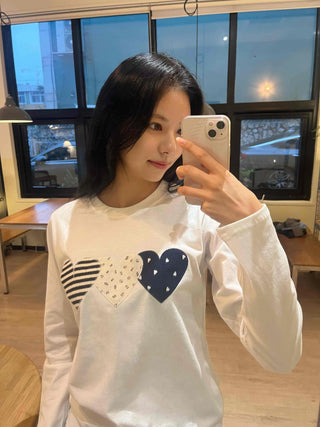 Striped Heart Patch Long Sleeve T-shirt