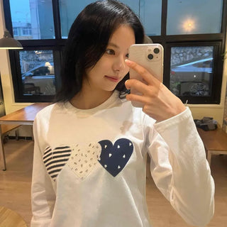 Striped Heart Patch Long Sleeve T-shirt