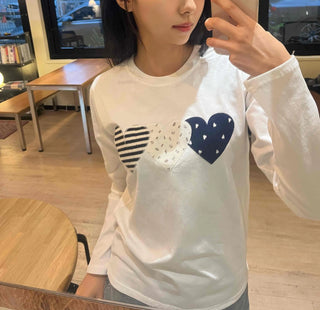 Striped Heart Patch Long Sleeve T-shirt