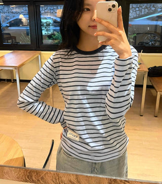 Casual Color Block Striped Long Sleeve T-shirt