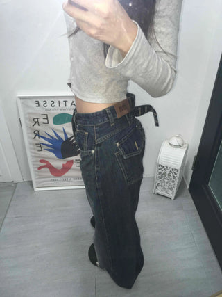Effortless chic adjustable waist denim wide long pants