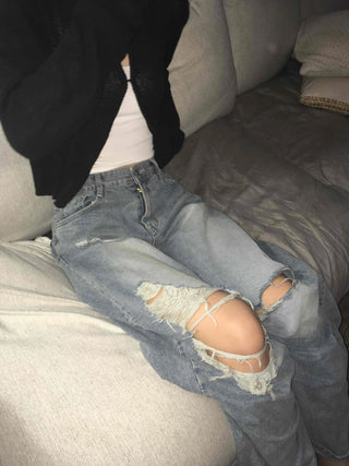 Damaged vintage denim long pants
