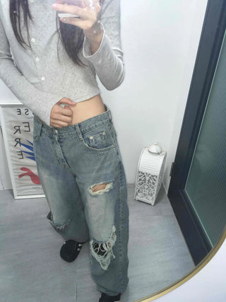 Damaged vintage denim long pants
