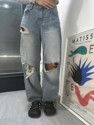 Damaged vintage denim long pants