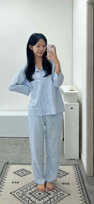 Sky Blue Soft Pajama Cotton Striped Set