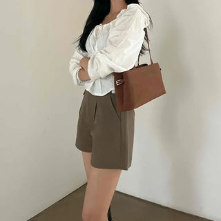 Simple Belted Plain Loose Fit Shorts