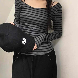 Comfortable Striped Off-Shoulder Long-Sleeve T-Shirt